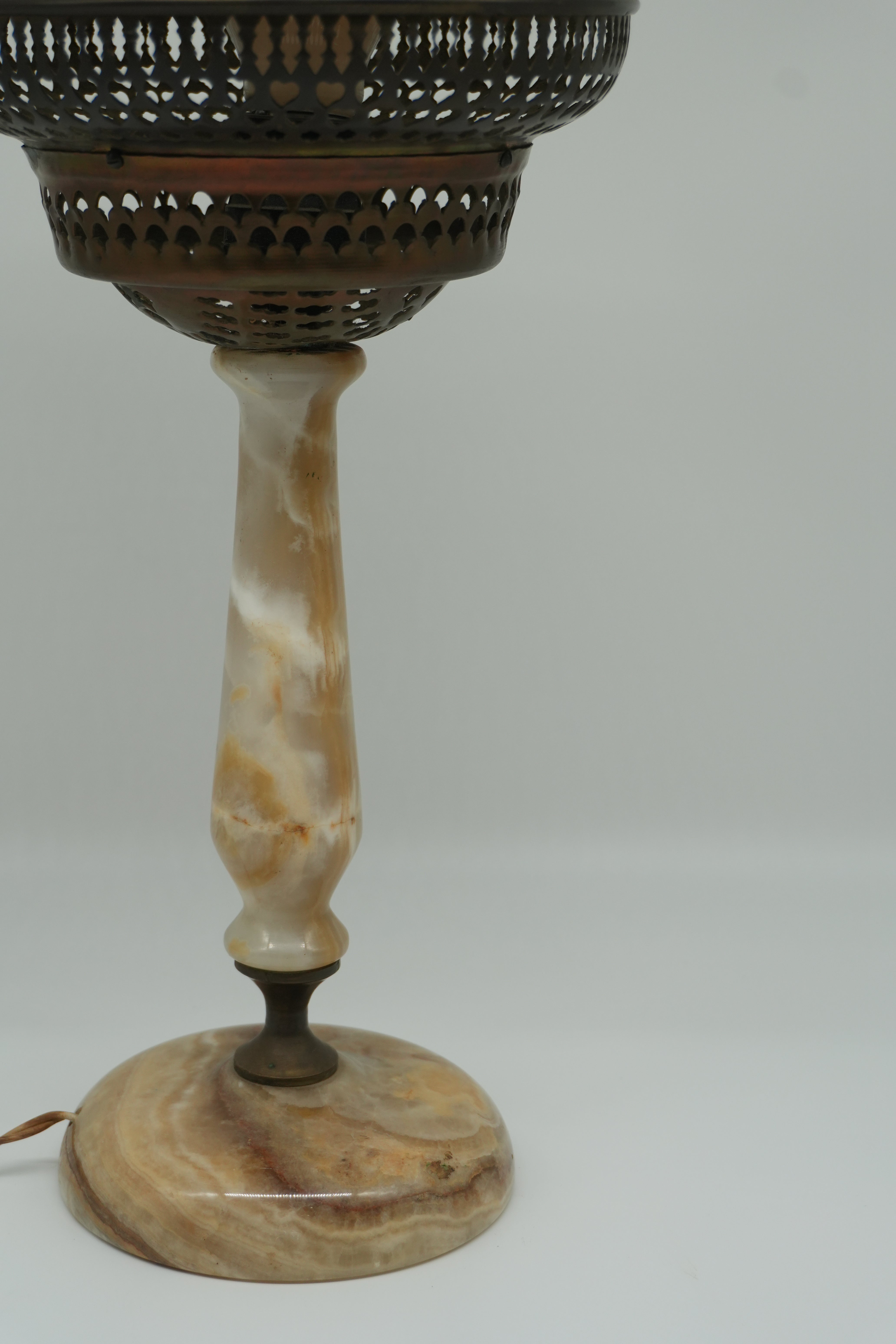 Vintage Onyx Table Lamp with Pierced Metal Shade – Moorish Revival